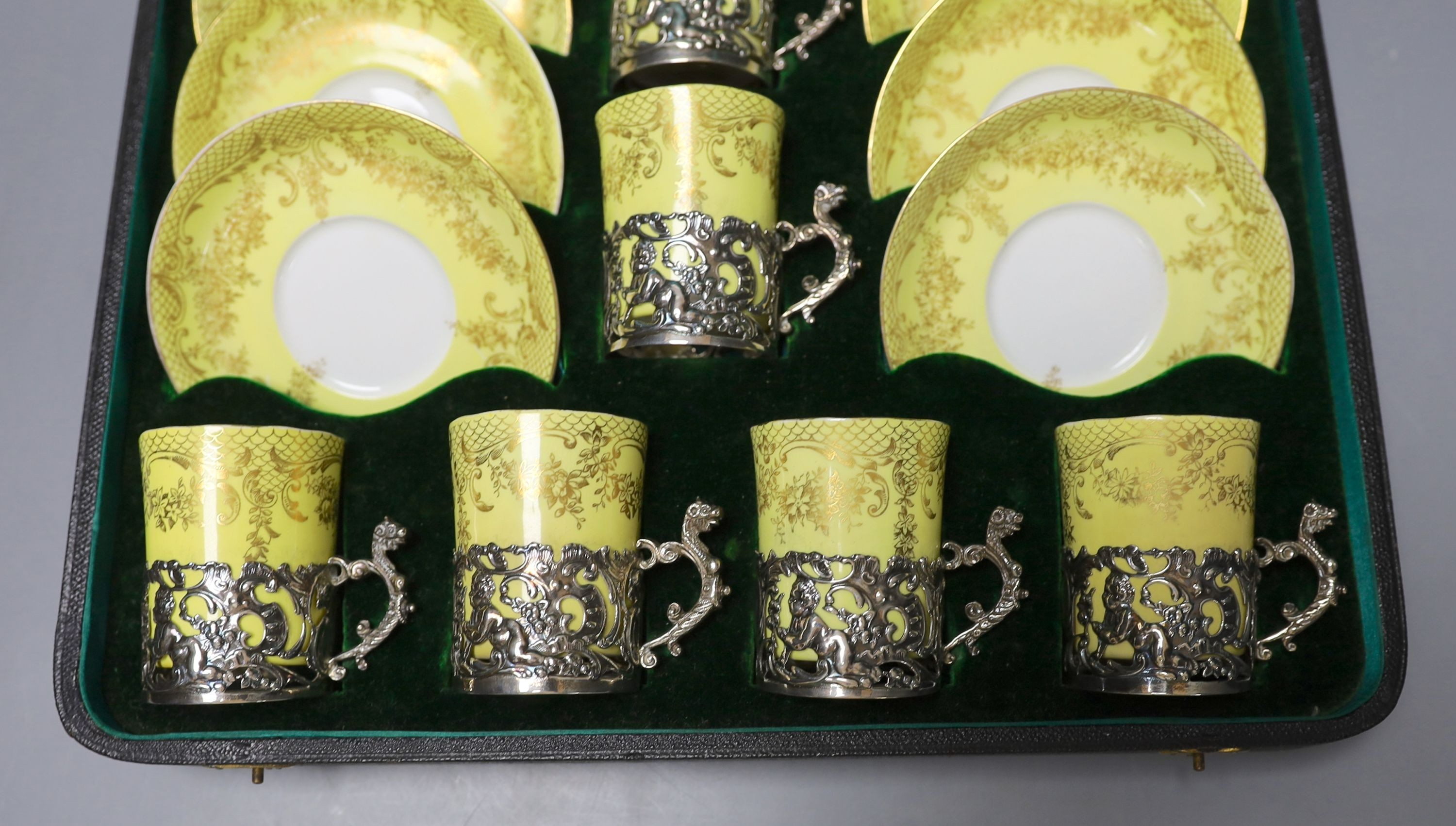 A cased Staffordshire Eggshell silver-mounted coffee set